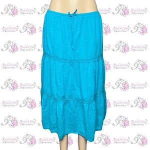 Blue maxi skirt tiered blue turquoise crochet striped tie waist flowy feminine